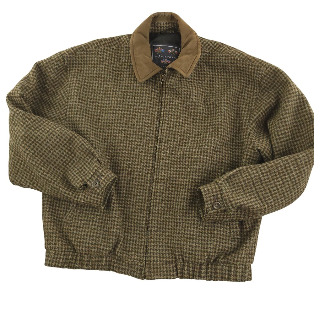Aviator Internationa Jacket Mens XL Brown Wool Tweed Bomber Leather Collar Lined